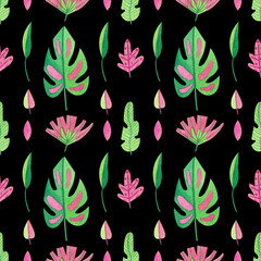 Seamless pattern with monstera leaves and different plants on a black background. Watercolor illustration. Print on fabric and paper. Wallpaper. Plants. Nature. Exotic. Art. Design. Handmade work.