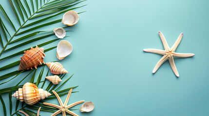Composition with palm leaf starfish and seashells 