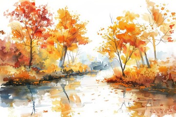 A watercolor painting portrays a peaceful river winding through a dense, autumncolored forest, Clipart minimal watercolor isolated on white background