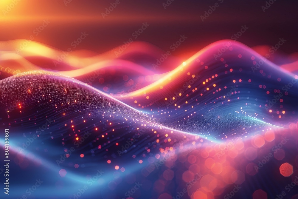 Poster a dynamic digital rendering of vibrant lights and glittering particles creating a waveform landscape