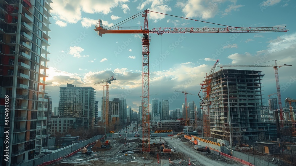 Poster construction site view with tower crane. generative ai.