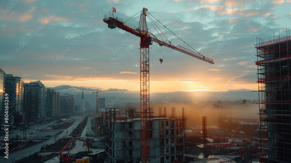 Poster construction site view with tower crane. generative ai.