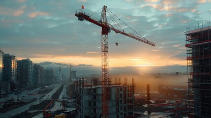 Construction site view with tower crane. Generative AI.