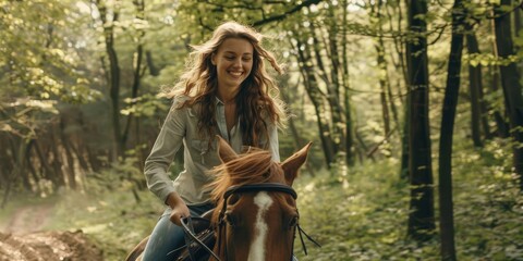 A young woman is riding a horse on a forest trail. She has long blond hair and is wearing a blue shirt. The horse is brown and has a white blaze on its forehead. The trees in the forest are green and 
