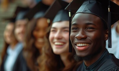 Fototapeta premium Education, gesture and people concept - group of happy international students in mortar boards and bachelor gowns with diplomas celebrating successful graduation