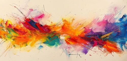 A modern, abstract painting, featuring bold strokes and vibrant splashes of color, set against a...