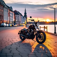  motorcycle parked on the right side of the road in riga latvia during sunset background selectivel...