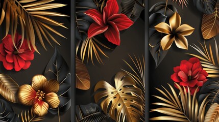 Modern poster set with black and gold tropical leaves on dark background. Beautiful botanical design with golden palm leaves in the jungle, red flowers in exotic locations, wedding invitation card.