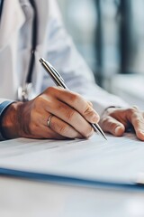 A doctor is writing in their paper with a pen on desk