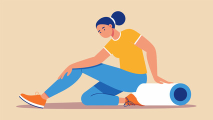 A person using a foam roller to massage and release tension in their legs following a procedure to repair a torn ACL.. Vector illustration