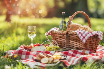 picnic in the park with a red and white checkered blanket, a basket full of foods like breads, fruits, cheese and wine on a green grass meadow