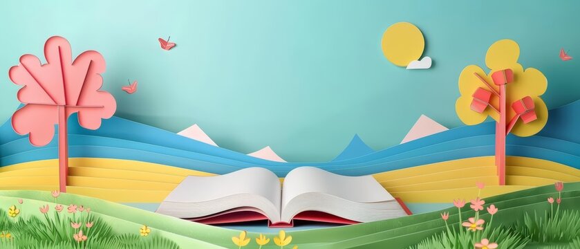 Craft a playful scene for a children s book fair with a popup paper banner, where each fold unfolds a tale, Template paper art concept with copy space