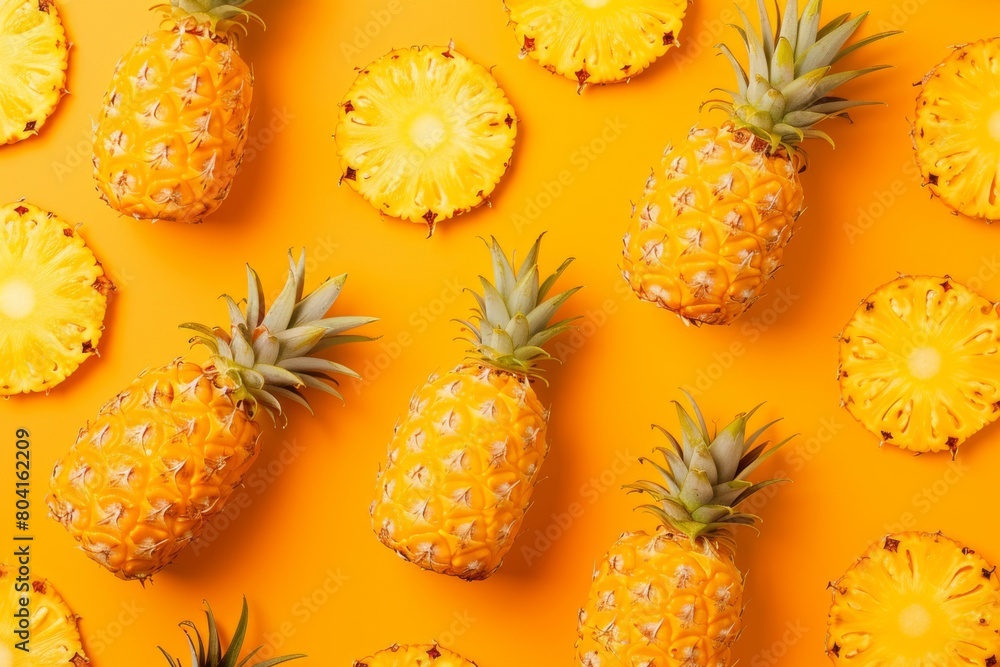 Poster top view of whole and sliced pineapples arranged in a pattern on a bright yellow backdrop. the image