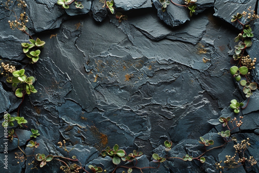 Poster the image features a dark slate with rich textures and small, delicate green plants adding a touch o