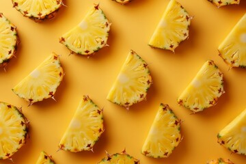 Vibrant image showcasing an array of fresh pineapple slices arranged in a repeating pattern over a vivid yellow background, perfect for summer and tropical themed designs and menus