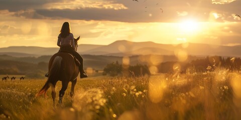 A person is riding a horse in a field. The sun is setting in the background. There are mountains in the distance.