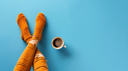 Legs of stylish woman and cup of hot coffee on blue background - Powered by Adobe