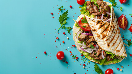 Composition with tasty doner kebab on blue background