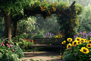 Captivating garden scene featuring a wooden bench under a lush archway adorned with vibrant flowers, set against a backdrop of dense green foliage in a tranquil forest setting
