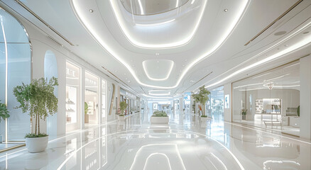 Bright white-dominated modern interior space that looks like a part of a shopping mall. The design should be minimalist, with abundant natural and artificial light. Generative AI.