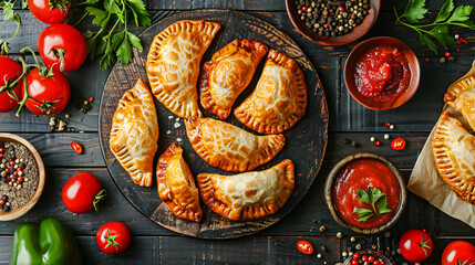 Composition with tasty meat empanadas sauces spices 