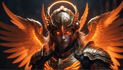 portrait of orange theme angel warrior with glowing eyes and armor on fantasy dark background from Generative AI