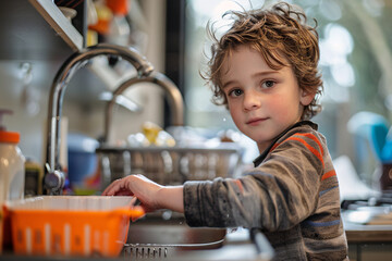 A young boy with curly hair helping with cleaning the dishes at the sink in the kitchen