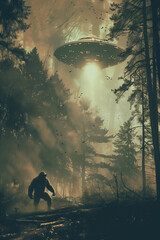 Alien UFO and bigfoot encounter in the forest. Flying saucer and sasquatch abduction in the woods.