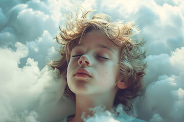Head in the clouds concept, a young boy with his head in a cloud, daydreaming, imagination concept