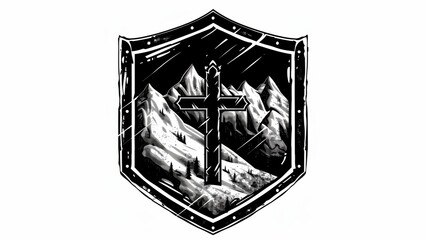 a family sheild with a cross and mountains, black and white graphic 