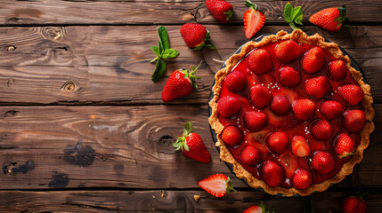 Composition with tasty strawberry pie on wooden background