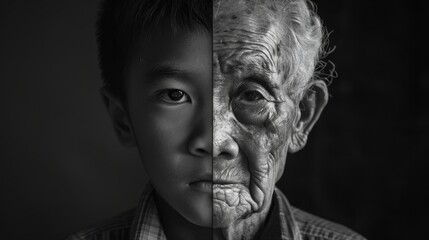 Dual Age Portrait, Childhood and Adulthood Merge in Striking Image of Man, Symbolizing Time, Growth, and Transformation