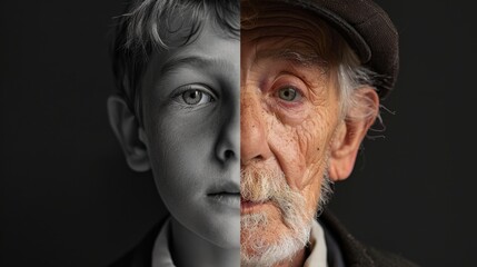Dual Age Portrait, Childhood and Adulthood Merge in Striking Image of Man, Symbolizing Time, Growth, and Transformation