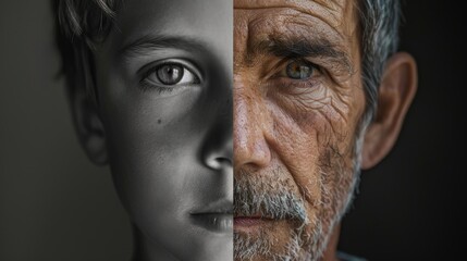 Dual Age Portrait, Childhood and Adulthood Merge in Striking Image of Man, Symbolizing Time, Growth, and Transformation