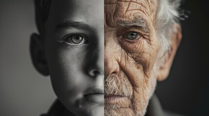 Dual Age Portrait, Childhood and Adulthood Merge in Striking Image of Man, Symbolizing Time, Growth, and Transformation