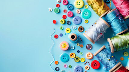 Composition with thread spools and buttons on color background - Powered by Adobe