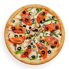 Pizza with cheese, tomatoes, olives and mushrooms on a white background, isolation, top view. High quality