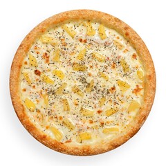 Pizza with cheese and pineapple on a white background, isolation, top view. High quality