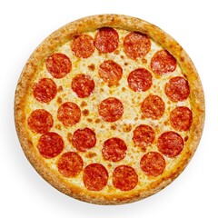 Pepperoni pizza on a white background, isolation, top view. High quality