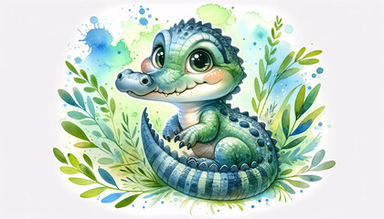 A charming illustration of a young crocodile in a watercolor style