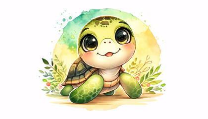 A charming illustration of a young turtle in a watercolor style