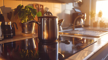 Cooking pot and coffee maker on electric stove 