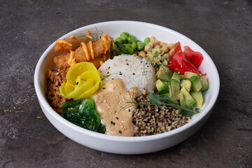 Wholesome and colorful poke bowl with fresh ingredients.