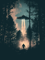 Alien UFO and bigfoot encounter in the forest. Flying saucer and sasquatch in the woods.