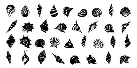 Set of black seashells on a white background.