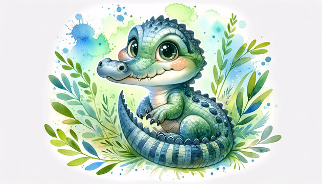 cute watercolor alligator in green and blue
