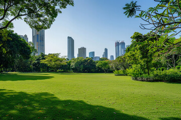 A metropolitan park with a city skyline in the background 