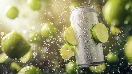 can mockup white plain soft-drink can 330ml floating, whole lemons and limes in the air scattered, vibrant background of yellow and lime green colour, tropical vibes