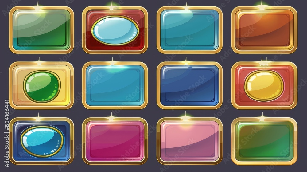 Poster game buttons with gold frames. modern cartoon set of web or mobile app interface elements, blank glo