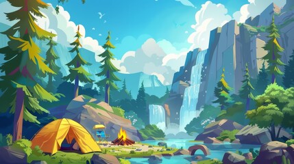 Traveler halt with chair, rucksack on nature landscape scenery view, summer hiking, travel, Cartoon modern illustration, tents in forest with waterfall cascade.